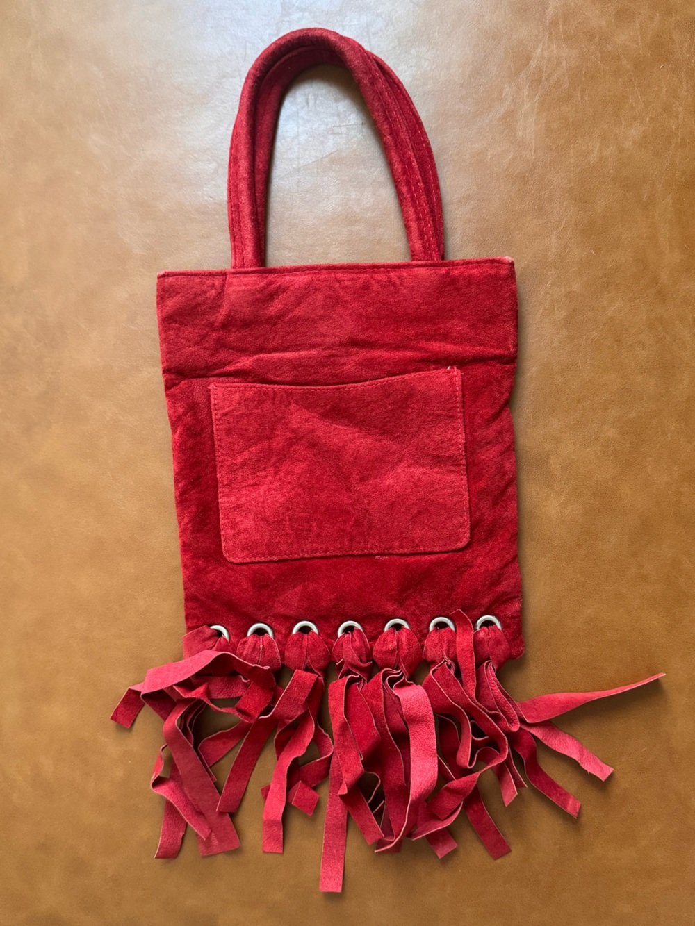 Leah Aiken Red Suede-Look Fringe Tote Bag Boho Western Shoulder Purse - Picture 4 of 5